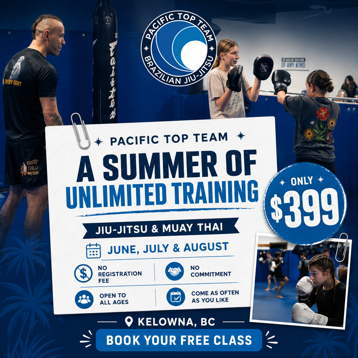 Pacific Top Team Kelowna — A Summer of Unlimited Training. Jiu-Jitsu and Muay Thai, June, July and August. Only $399.